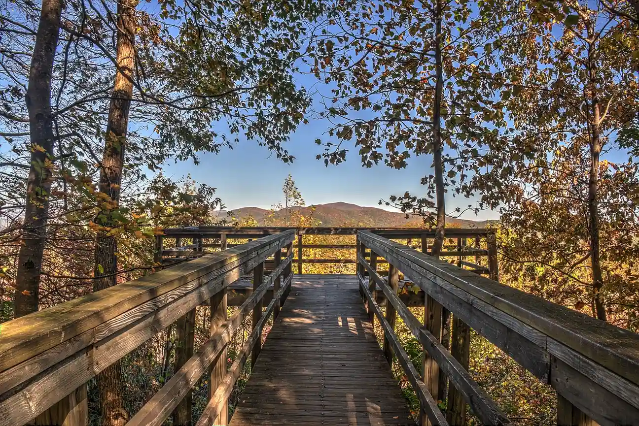 A weathered wooden boardwalk leads through autumn trees with gold and rust leaves to an observation platform, framing a distant mountain ridge under a blue sky.